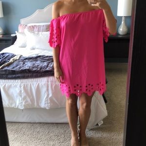 Bright pink off the shoulder dress